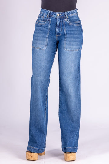 Indigo Wide Leg Mid Rise Denim Pants - 2401310 - Project Denim
