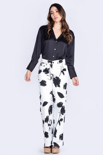 Floral Print Wide Leg Mid Rise Denim Pants - 2401363