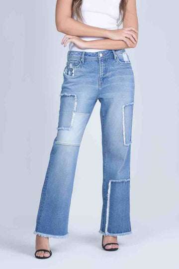Wide Leg Mid Rise Rigid Denim Pants Blue - 309