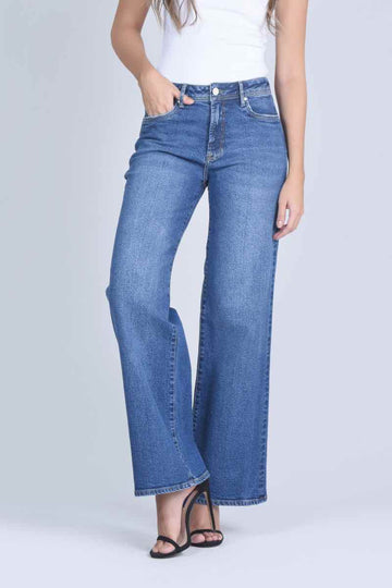 Blue Wide Leg Mid Rise Denim Pants - 322